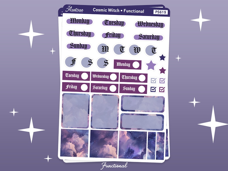 May include: A set of purple and white planner stickers with a cosmic witch theme. The stickers include days of the week, letters, and checkboxes. The stickers are printed on a white background with a purple and white galaxy design.