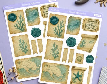 Ocean Ephemera Sticker Sheet, Sea Witch Journal Elements, Mermaid Planner Stickers, Coastal Scrapbook Paper Scrap, Nautical Marine Aquatic
