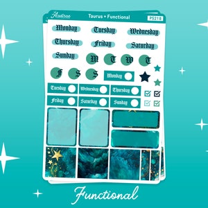 May include: A set of teal and gold planner stickers with a galaxy theme. The stickers include days of the week, a star, checkboxes, and blank boxes. The text "Taurus Functional" and "Functional" are also included.