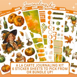 K&ouml;nnte beinhalten: Eine Sammlung von sechs Stickerb&ouml;gen mit Herbstmotiven. Die B&ouml;gen zeigen Illustrationen von K&uuml;rbissen, Bl&auml;ttern, einer Hexe und dekorativen Elementen. Der Text enth&auml;lt "Journaling kit" und "A LA CARTE JOURNALING KIT".