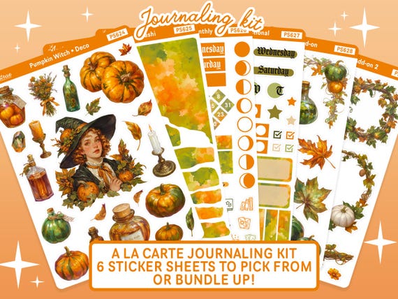 Pumpkin Witch Planner Sticker Set, Fall Journaling Stickers, Witchcore Autumn Sticker Sheet Kit Botanical Witchy Magical Bujo Bullet Journal