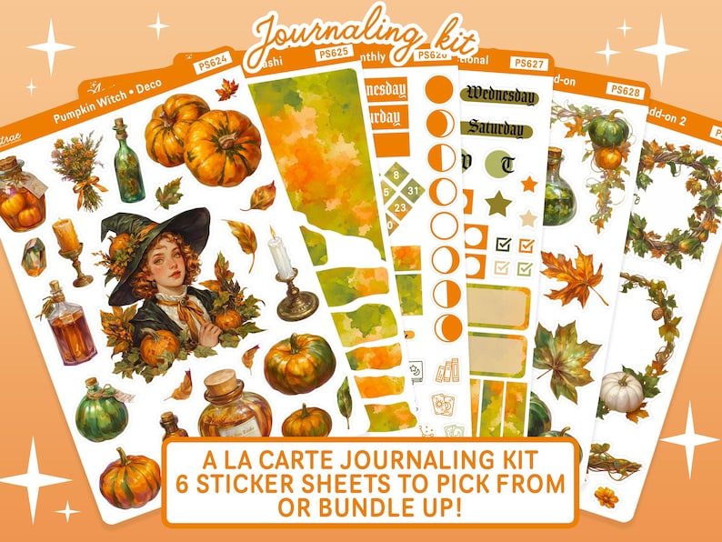 K&ouml;nnte beinhalten: Eine Sammlung von sechs Stickerb&ouml;gen mit Herbstmotiven. Die B&ouml;gen zeigen Illustrationen von K&uuml;rbissen, Bl&auml;ttern, einer Hexe und dekorativen Elementen. Der Text enth&auml;lt "Journaling kit" und "A LA CARTE JOURNALING KIT".