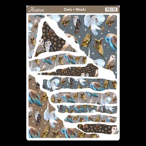 May include: A sheet of washi tape featuring a repeating pattern of owls in various poses and colors. The owls are depicted in shades of brown, white, and blue, with some owls flying and others perched on branches. The background is a light gray with white stars. The text "Owls &bull; Washi" and "PS179" is printed at the top of the sheet.