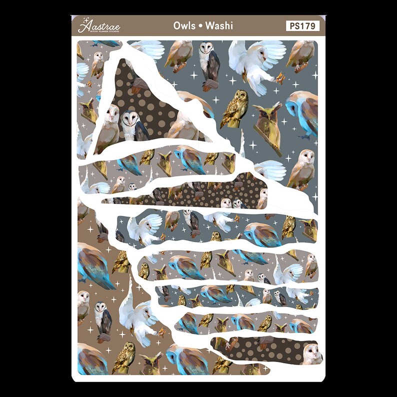 May include: A sheet of washi tape featuring a repeating pattern of owls in various poses and colors. The owls are depicted in shades of brown, white, and blue, with some owls flying and others perched on branches. The background is a light gray with white stars. The text "Owls &bull; Washi" and "PS179" is printed at the top of the sheet.