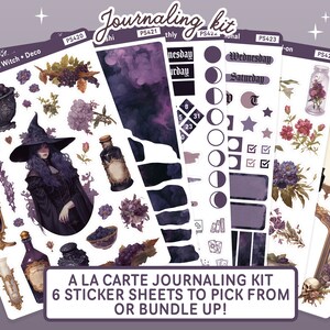 May include: A set of six sticker sheets with a witch, potion bottles, and other magical elements. The sticker sheets are designed for journaling and feature a purple and black color scheme. The text on the sticker sheets reads "Poison Witch Deco", "Journaling Kit", "A La Carte Journaling Kit", "6 Sticker Sheets to Pick From or Bundle Up!" and "Add-on 2".