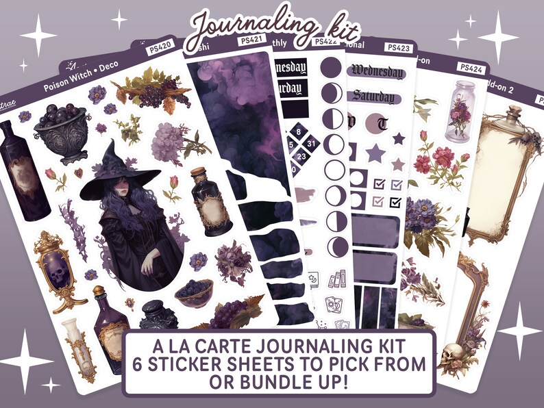 May include: A set of six sticker sheets with a witch, potion bottles, and other magical elements. The sticker sheets are designed for journaling and feature a purple and black color scheme. The text on the sticker sheets reads "Poison Witch Deco", "Journaling Kit", "A La Carte Journaling Kit", "6 Sticker Sheets to Pick From or Bundle Up!" and "Add-on 2".