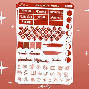 Pode incluir: Um conjunto de adesivos de planejador imprim&iacute;veis com um esquema de cores vermelho, branco e preto. Os adesivos apresentam um calend&aacute;rio mensal, os dias da semana, as fases da lua e v&aacute;rios &iacute;cones, incluindo um caldeir&atilde;o, um livro, uma x&iacute;cara de caf&eacute; e uma ta&ccedil;a de vinho. O texto "Cowboy Witch Monthly" est&aacute; impresso na parte superior da folha.