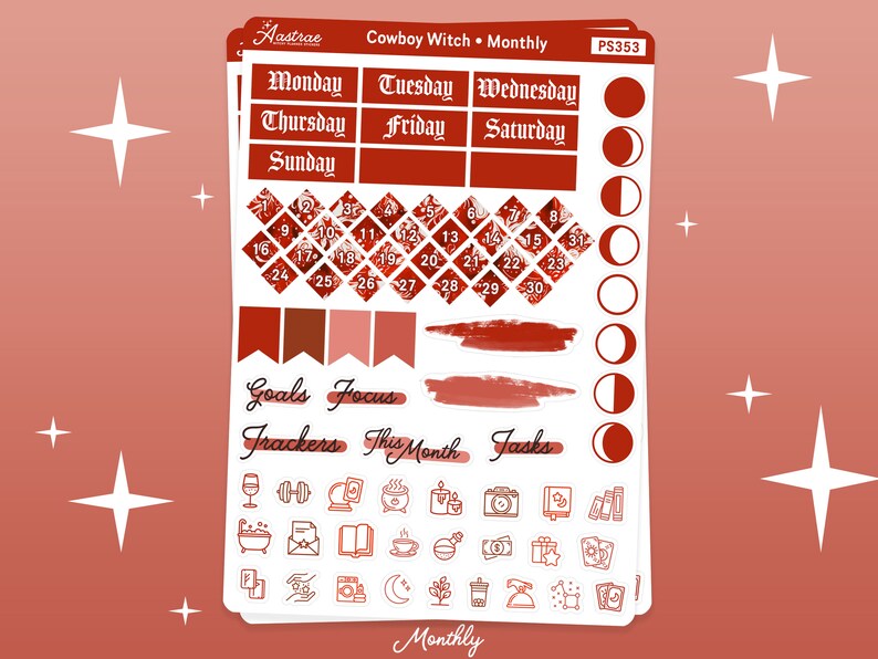Pode incluir: Um conjunto de adesivos de planejador imprim&iacute;veis com um esquema de cores vermelho, branco e preto. Os adesivos apresentam um calend&aacute;rio mensal, os dias da semana, as fases da lua e v&aacute;rios &iacute;cones, incluindo um caldeir&atilde;o, um livro, uma x&iacute;cara de caf&eacute; e uma ta&ccedil;a de vinho. O texto "Cowboy Witch Monthly" est&aacute; impresso na parte superior da folha.