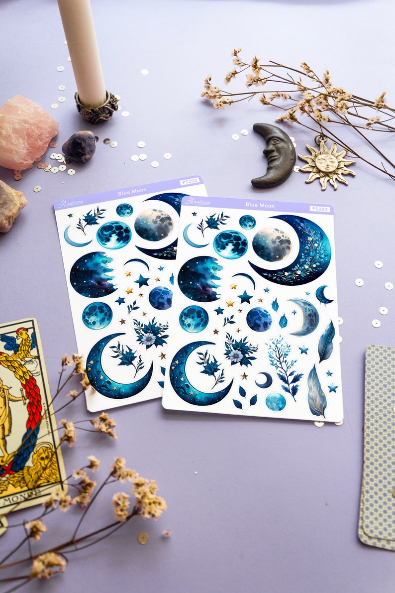 May include: Two sheets of blue moon themed stickers with a variety of blue moons, stars, and floral designs. The stickers are on a light purple background.