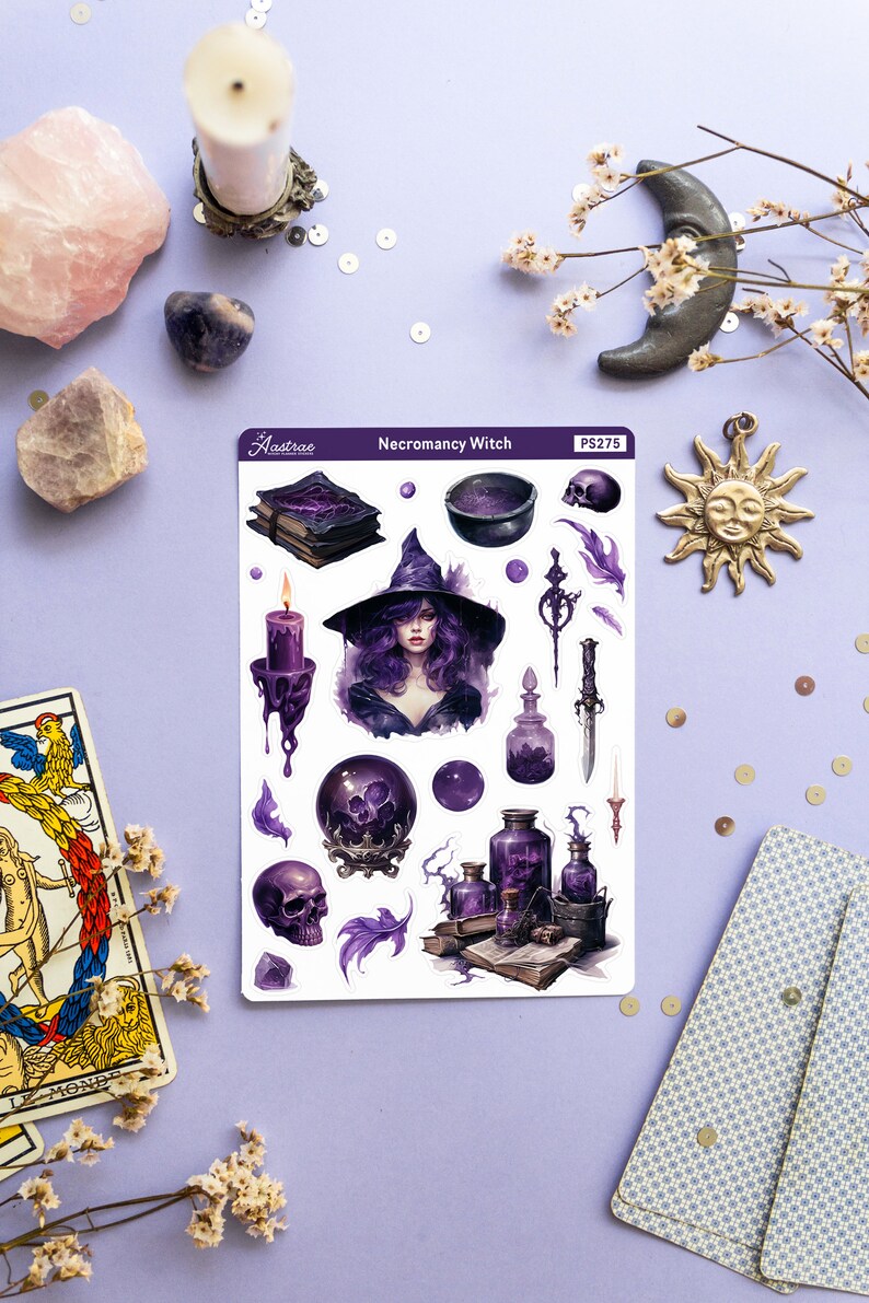 May include: A sheet of stickers featuring a purple-themed necromancy witch with a cauldron, skulls, potions, and other magical items. The sticker sheet is titled "Necromancy Witch" and has the product number "PS275".