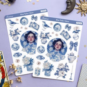 Blauwe stickervel toile planner, decoratie chinoiserie planner, esthetiek Chateaucore, vintage porselein Delfts blauw plakboekversieringen