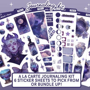 May include: A set of six sticker sheets with a cosmic witch theme. The stickers feature illustrations of a witch, potions, stars, moons, and clouds. The stickers are printed on white paper with a glossy finish. The text on the sticker sheets reads "Cosmic Witch Deco", "Journaling Kit", "A La Carte Journaling Kit", "6 Sticker Sheets To Pick From Or Bundle Up!"