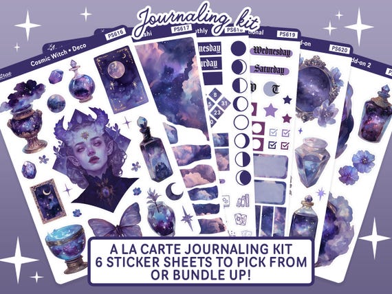 Cosmic Witch Stickers, Celestial Journaling Stickers, Purple Galaxy Planner Stickers, Witchcore Bullet Journal Set, Witchy Aesthetic Bujo