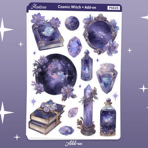 May include: A sheet of stickers featuring a cosmic witch theme. The stickers include a book, a mirror, a crystal, a bottle, a potion bottle, and a crystal. The stickers are all in shades of purple, blue, and white.