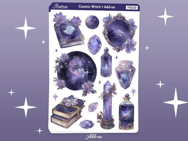 May include: A sheet of stickers featuring a cosmic witch theme. The stickers include a book, a mirror, a crystal, a bottle, a potion bottle, and a crystal. The stickers are all in shades of purple, blue, and white.