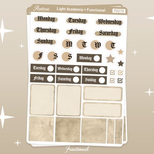 May include: A sheet of planner stickers with a light academia theme. The stickers include days of the week, check boxes, stars, and rectangular boxes in shades of beige, brown, and white. The text "Light Academia" is visible.
