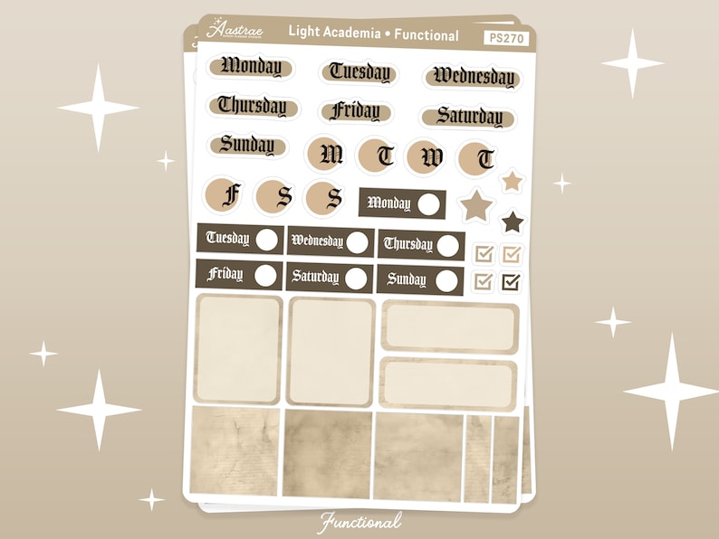 May include: A sheet of planner stickers with a light academia theme. The stickers include days of the week, check boxes, stars, and rectangular boxes in shades of beige, brown, and white. The text "Light Academia" is visible.