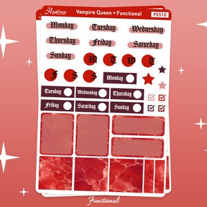 May include: A set of red and white planner stickers with a gothic font. The stickers include days of the week, letters, and a star. The stickers are designed for a functional planner.