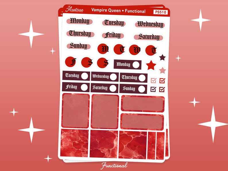 May include: A set of red and white planner stickers with a gothic font. The stickers include days of the week, letters, and a star. The stickers are designed for a functional planner.