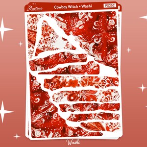 Pode incluir: Fita washi vermelha e branca com um padr&atilde;o floral. A fita &eacute; cortada em tiras e organizada em uma pilha. O texto "Cowboy Witch" e "Washi" &eacute; vis&iacute;vel na fita.