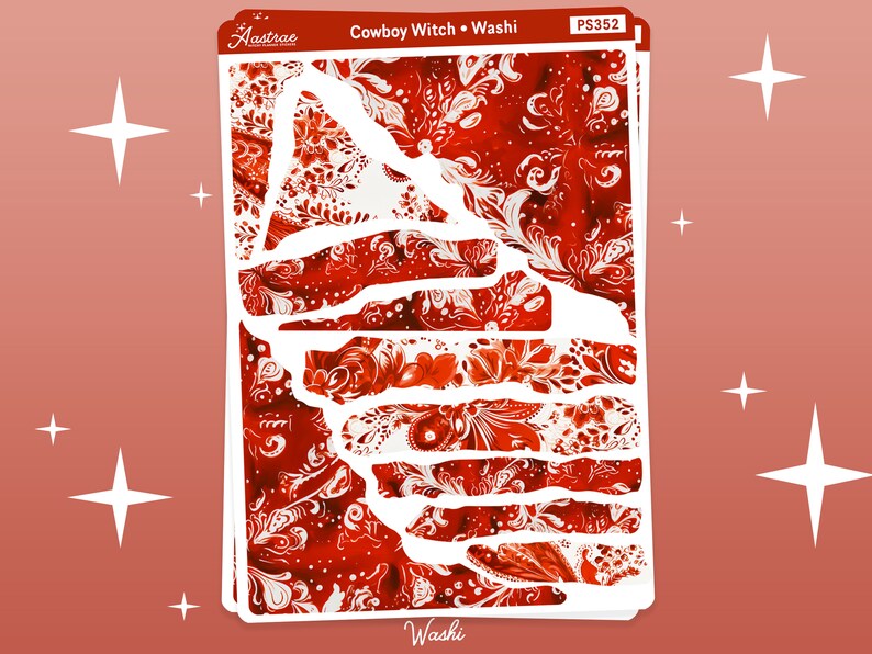 Pode incluir: Fita washi vermelha e branca com um padr&atilde;o floral. A fita &eacute; cortada em tiras e organizada em uma pilha. O texto "Cowboy Witch" e "Washi" &eacute; vis&iacute;vel na fita.