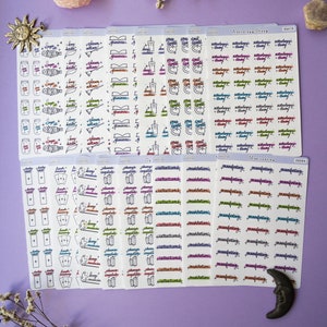 May include: A set of 10 sheets of colorful planner stickers with various witchy themes. The stickers feature illustrations of candles, books, crystals, tarot cards, and more. The text on the stickers includes phrases like "spell", "manifest", "meditation", and "change crystals".