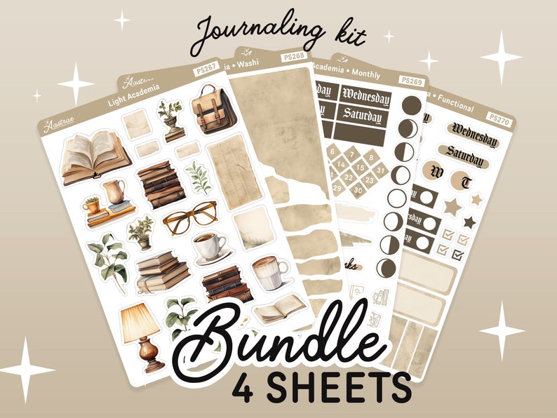 May include: A journaling kit bundle with four sheets of stickers. The stickers feature illustrations of books, coffee cups, eyeglasses, and a lamp. The sheets also include calendar and functional stickers. The text "Journaling kit" and "Bundle 4 SHEETS" are visible.