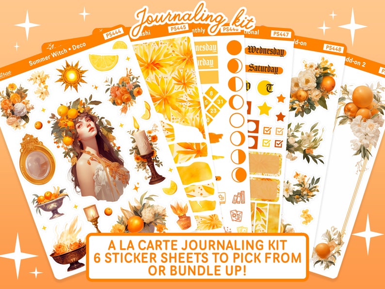 May include: A set of six sticker sheets with a summer witch theme. The sheets feature illustrations of a witch, lemons, oranges, candles, stars, and moons. The text on the sheets reads "Summer Witch. Deco", "Wednesday", "Saturday", "d-on", and "dd-on 2".