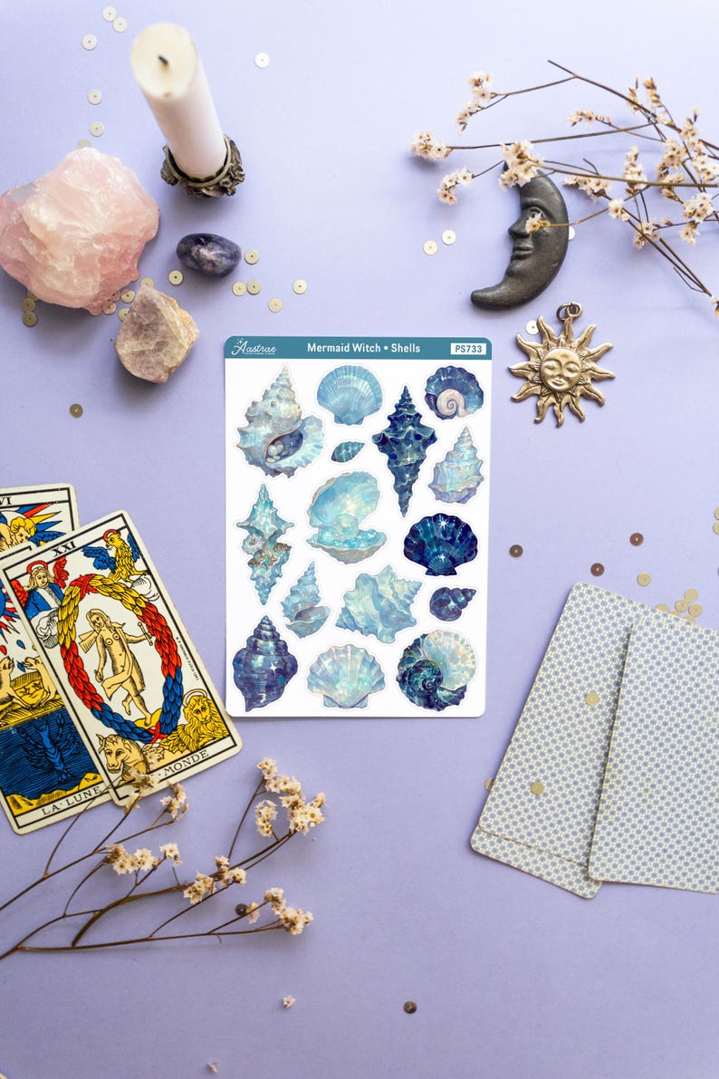 Mermaid Witch Shell Stickers, Ocean Seashell Planner Stickers, Coastal ...
