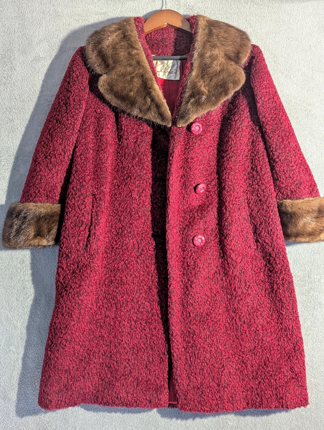 Vintage 1940s Red Kline Fabric Topaz Mink Boucle Fabric Top Coat