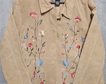 Vintage Dialogue Tan Suede Jacket Floral Embroidery Women's Size XL