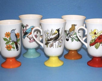 5 Fred Roberts Pedestal Bird Print Porcelain Ceramic Cup Mugs * 5 3/4" * Vintage