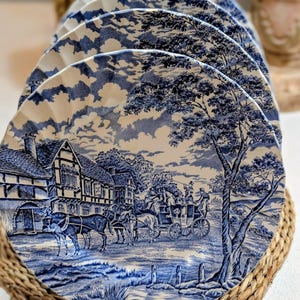 Juego de 5 platos llanos Myott Royal Mail Blue vintage, de Staffordshire, Inglaterra, con decoración transferida.