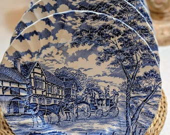 Vintage Myott Royal Mail Blue Dinner Plates Set of 5 Staffordshire England Transferware