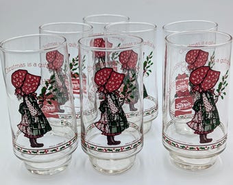 7 VTG Holly Hobbie Christmas Coke Coca Cola Drinking Glasses American Greetings