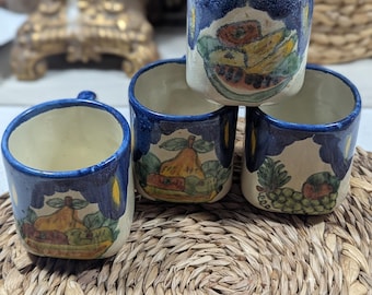 A. Mora Mexican Pottery Mugs Set of 4 Hand Painted Fruit Cups