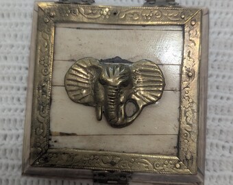 Vintage Elephant Camel Bone & Brass Owl Clasp Jewelry Box Velvet Lined