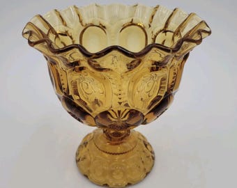 Vintage LE Smith Amber Moon and Stars Depression Glass Ruffled Compote
