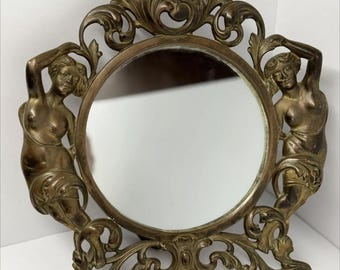 Antique Art Nouveau Art Deco Vanity Ornate French Bronze Mirror With Easel Nudes