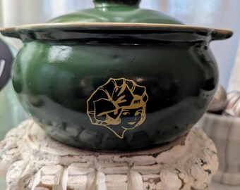 Vintage WESTERN 1605 Stoneware Green Crockpot W/Lid 9" Length