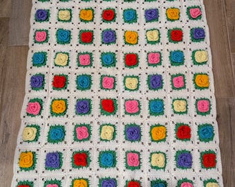 Vintage Crochet 3D Colored Roses Afghan Handmade Granny Square Blanket Throw 58x35