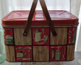 Vintage DECOWARE Tin Picnic Bread Box, 1950s Kitchen Print