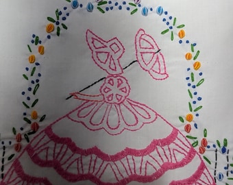 Vintage Embroidered Pair Bonnet Lady Pillow Cases Set of Two