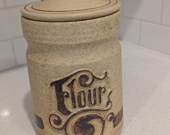 70s Retro Pottery Craft tan & brown kitchen canister w/ lid