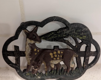 Vintage French Black Oval Cast Iron Enameled Trivet / Pot Stand
