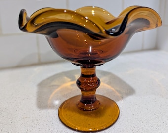 Vintage Amber Ruffle Edge Glass Footed Candy Dish/Bowl