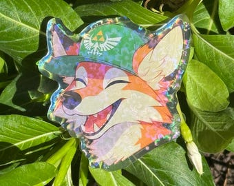 Happy Orange Fox with Zelda Hat Acrylic Pin 2" Custom Flower Holographic