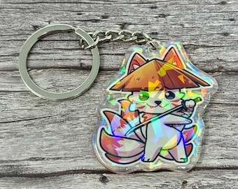 Samurai Kitsune Fox Keychain: Holographic Acrylic Charm