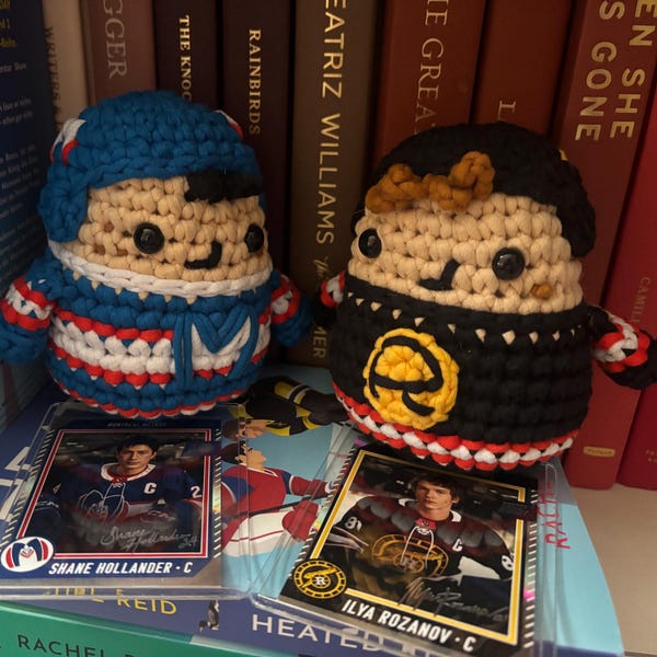 Shane and Ilya on the Ice, Heated Rivalry amigurumi plushies, Hollanov, Hudcon, Connor Storrie, Hudson Williams