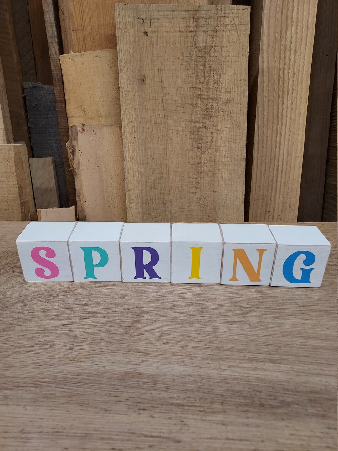 Spring Block Decor Wood Blocks Spring Decoration Multi Colored Letters Spring Shelf Sitter ...